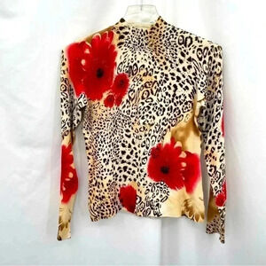 Avvenire Women's Animal Print Sweater Small White Red Black Floral Long Sleeve